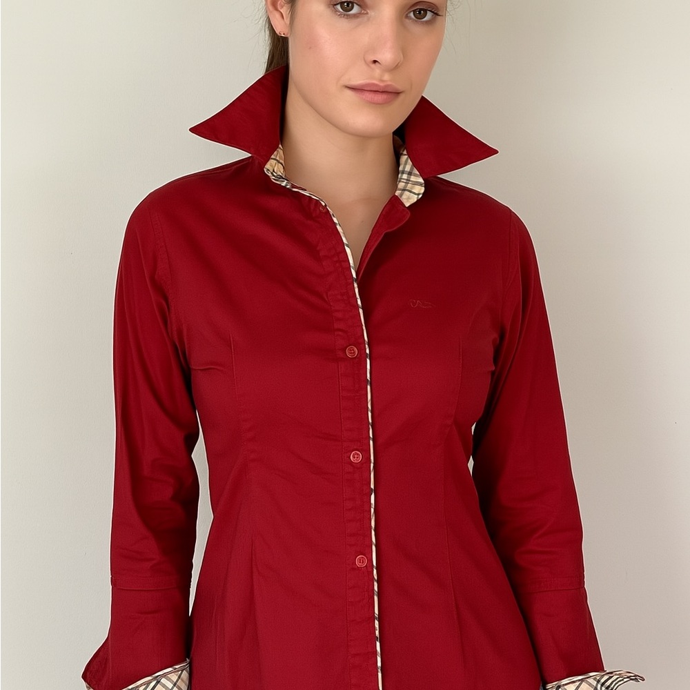 Burberry Blue Label Red Shirt with Novacheck Plaid Trim M | Rare Japan Exclusive